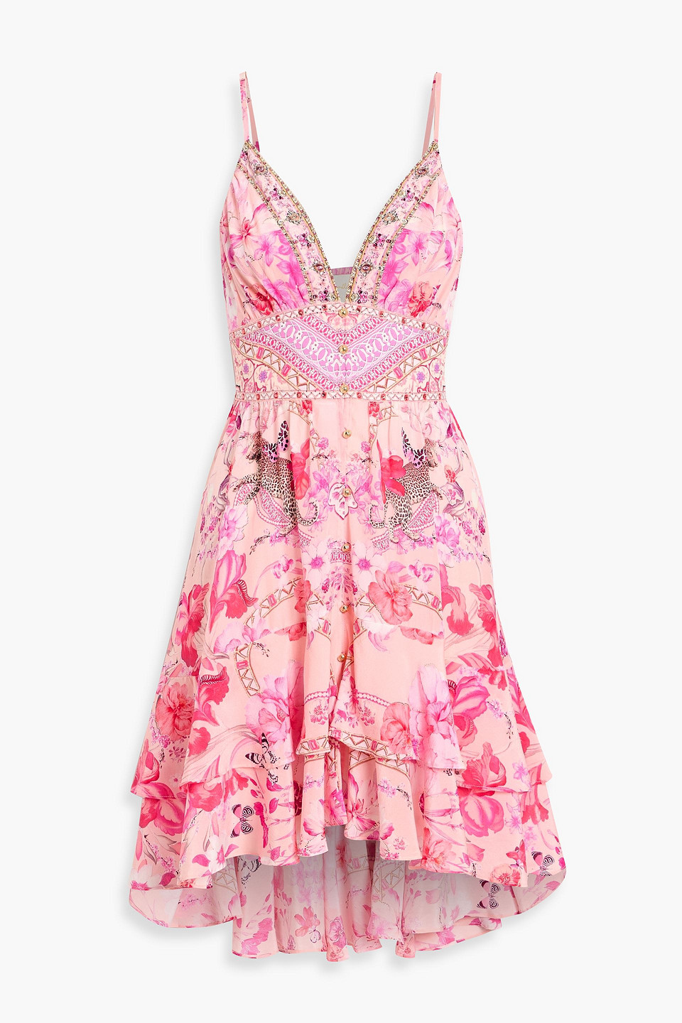 camilla - crystal-embellished printed silk crepe de chine mini dress - pink - l