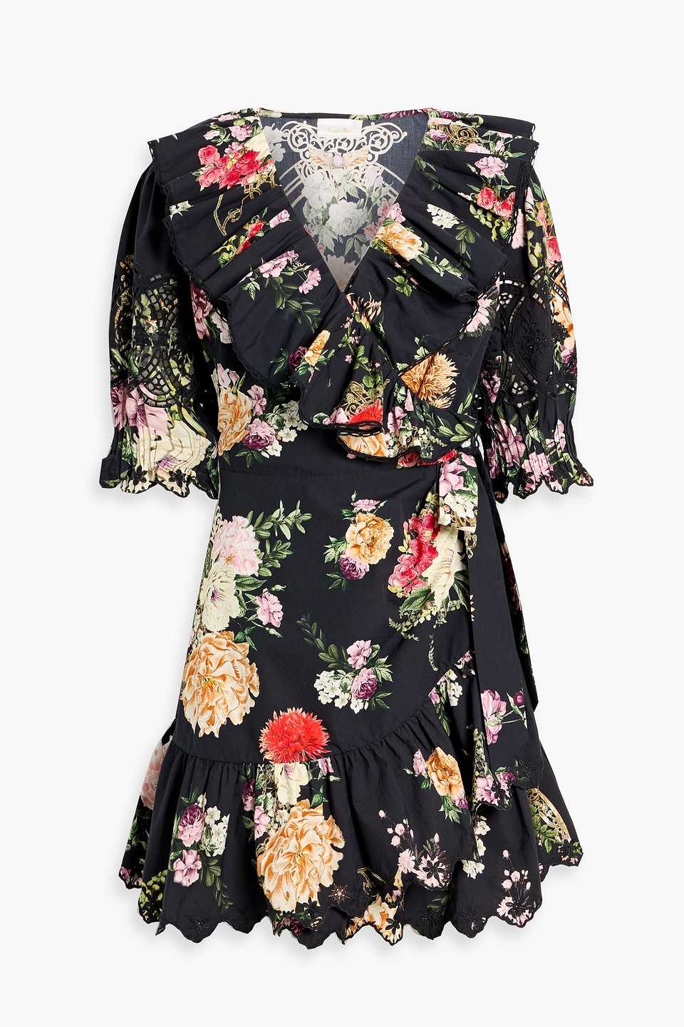 camilla - broderie anglaise-trimmed floral-print cotton-poplin mini wrap dress - black - xs