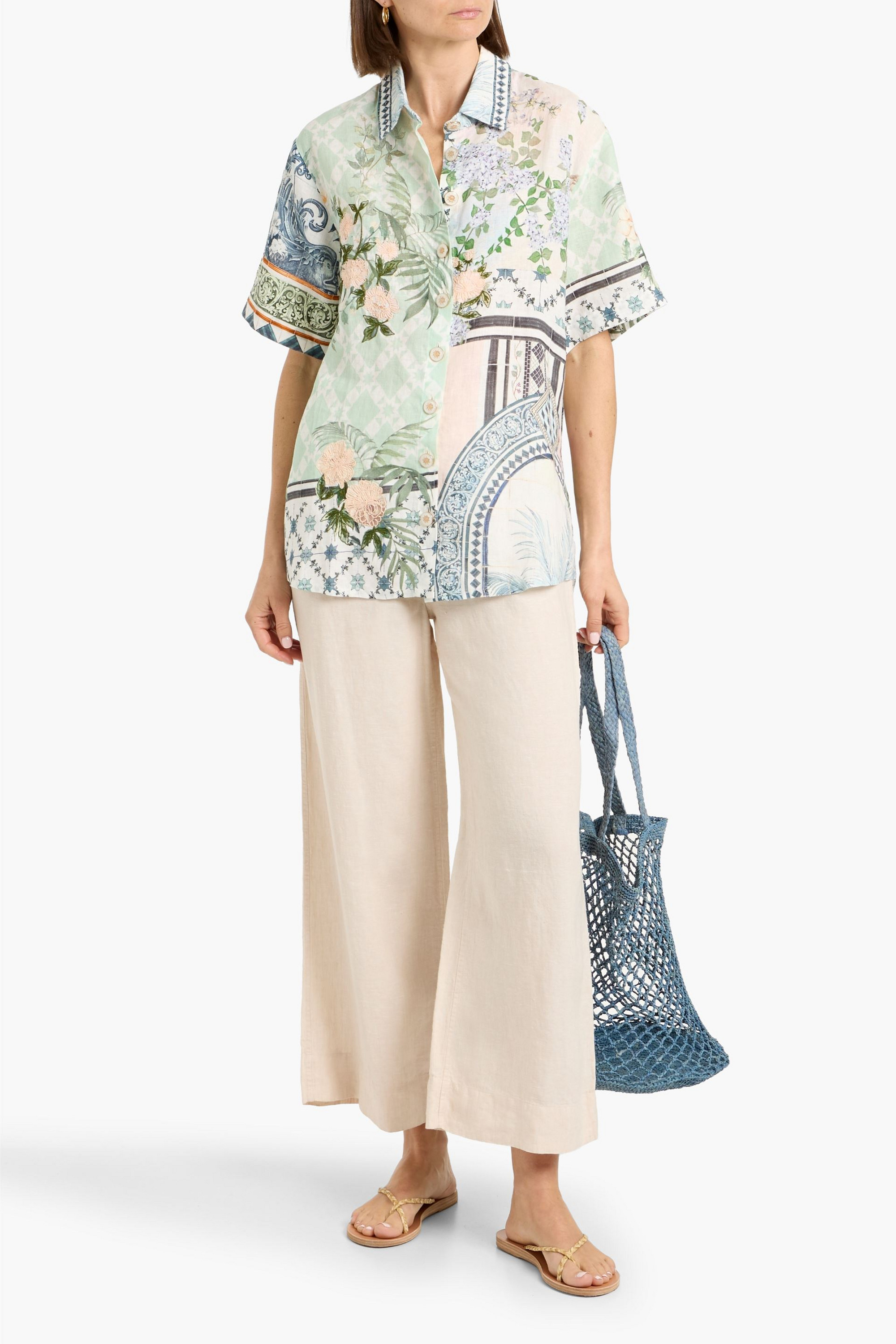 Camilla Crystal-embellished printed linen shirt