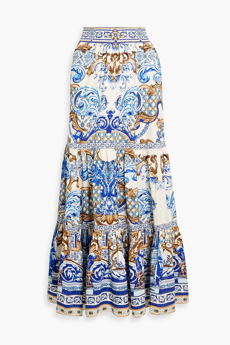 Camilla Tiered Printed Woven Maxi Skirt In Blue