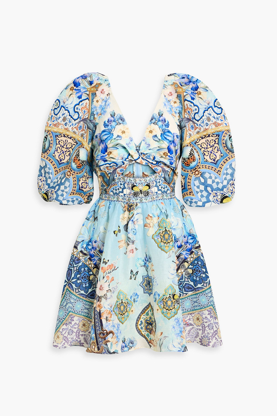 camilla - crystal-embellished printed linen and silk-blend mini dress - blue - s
