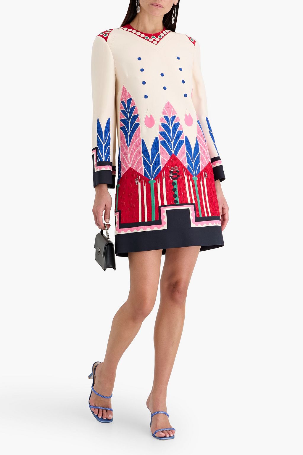 VALENTINO GARAVANI Embellished printed wool and silk-blend crepe mini dress 