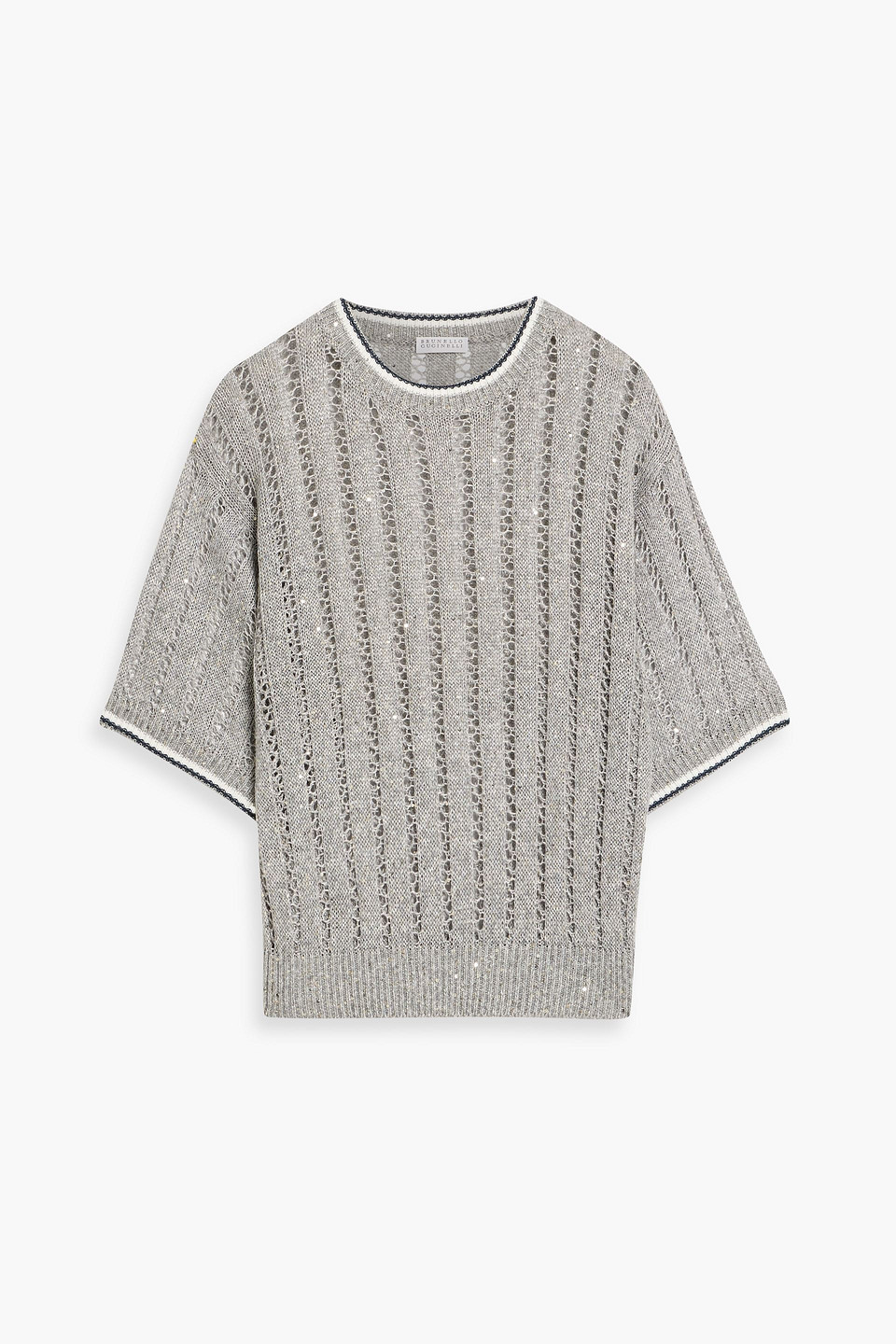 Brunello Cucinelli Sequin-embellished Open-knit Linen-blend Sweater In Gray
