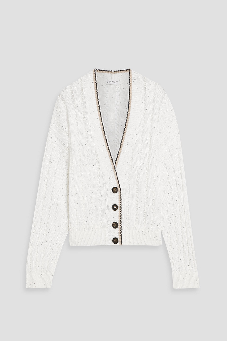 Brunello Cucinelli Sequin-embellished Open-knit Linen-blend Cardigan In White