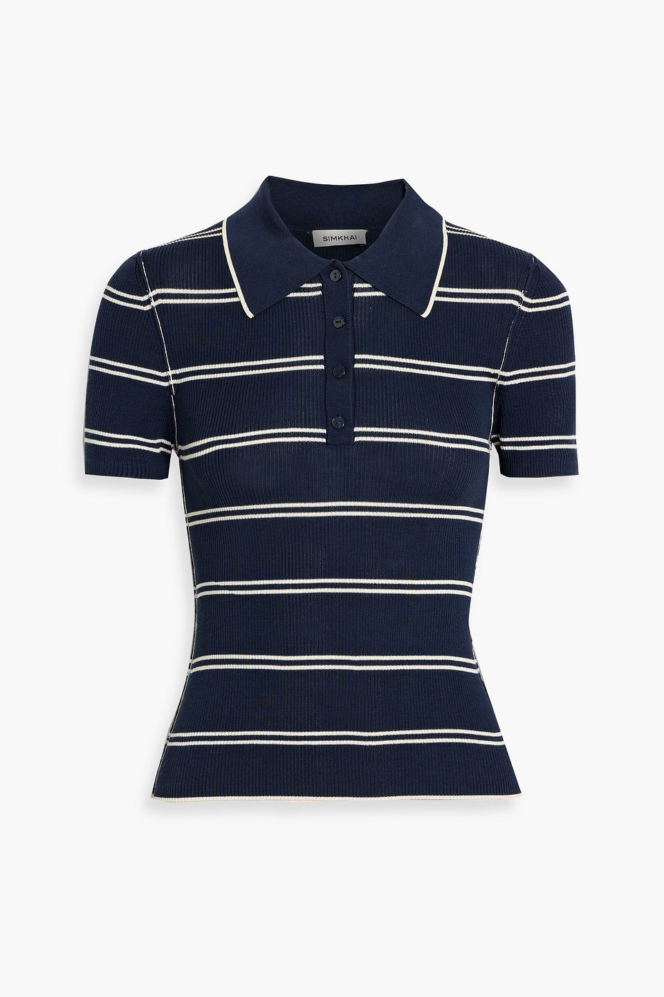 Simkhai Matty Striped Ribbed Cashmere And Silk-blend Polo Shirt In Blue