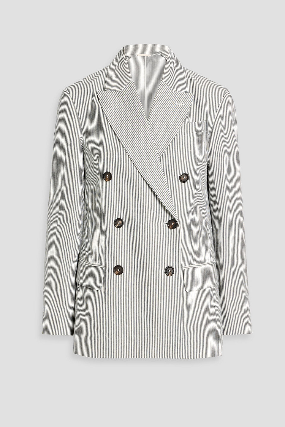 Brunello Cucinelli Double-breasted Striped Cotton And Linen-blend Blazer In Gray