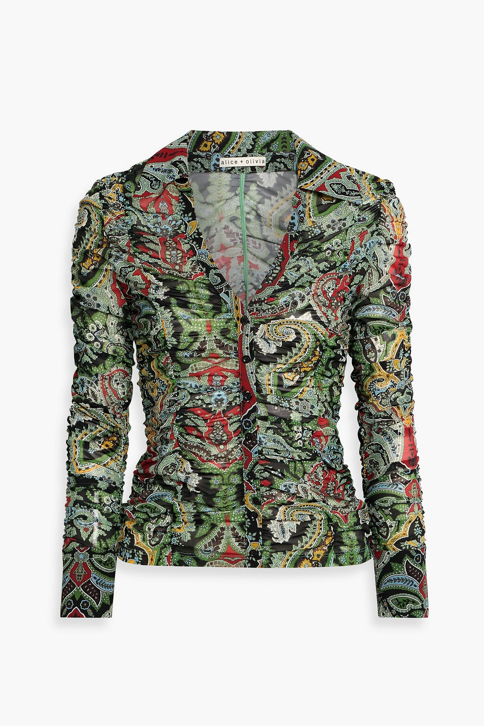 alice olivia - portia ruched printed stretch-mesh shirt - green - xs