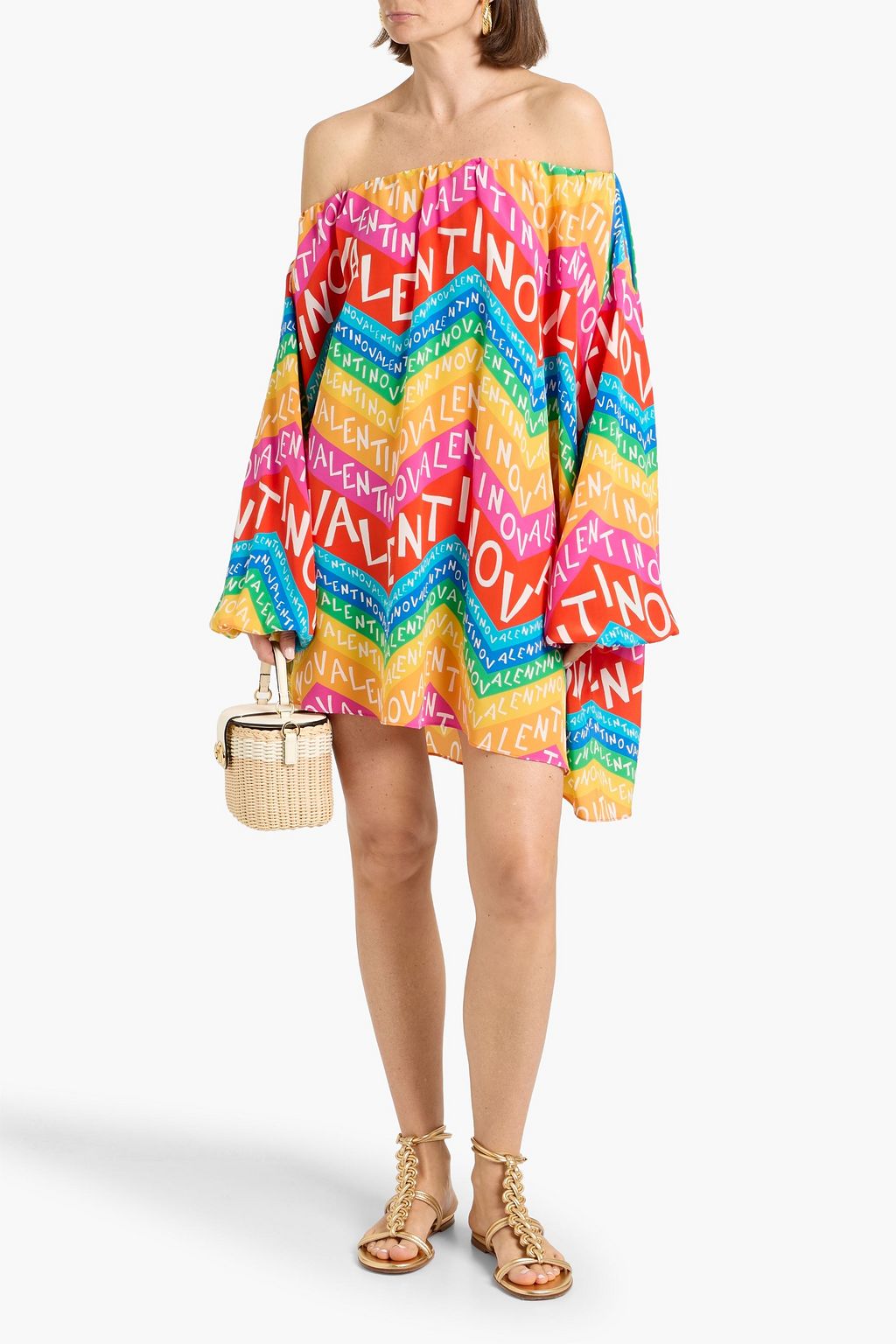 valentino off the shoulder mini dress Off-the-shoulder logo-print silk mini dress - saffron