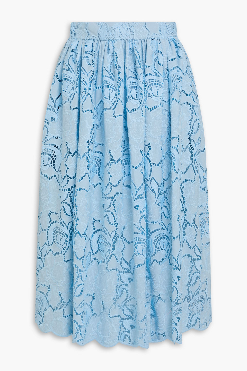 erdem - gathered guipure lace midi skirt - blue - uk 10