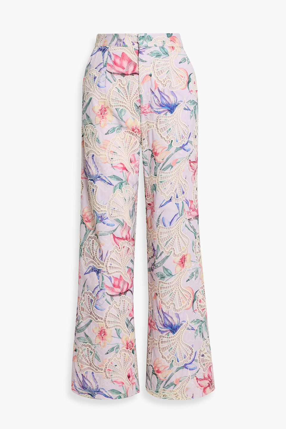 Patbo Amarylis Floral-print Poplin And Guipure Lace Wide-leg Pants In Pink