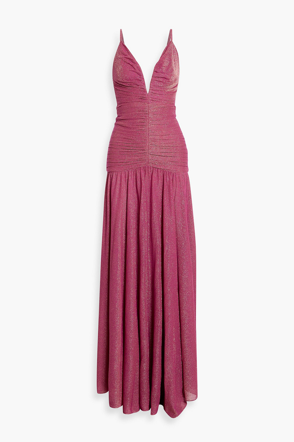 Patbo Ruched Metallic Stretch-mesh Maxi Dress In Purple