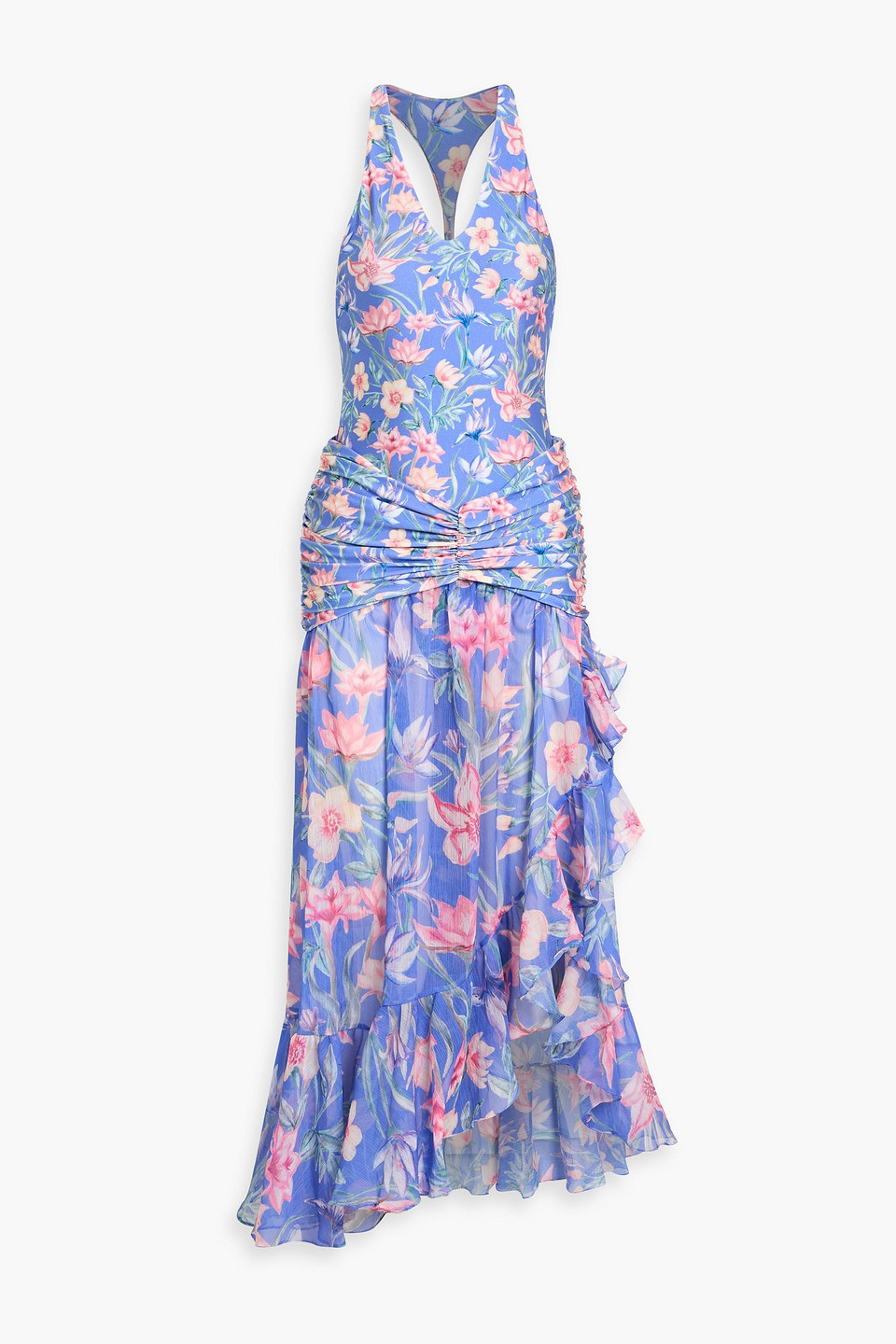 Patbo Amaryllis Floral-print Stretch-jersey And Crepon Midi Dress In Blue