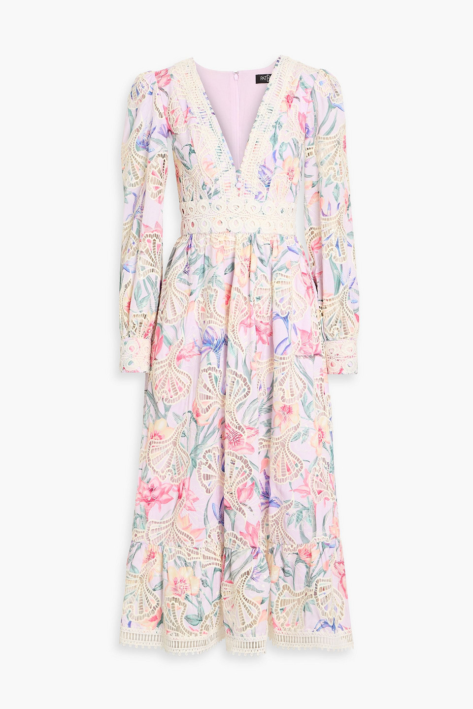 patbo - amarylis floral-print poplin and guipure lace midi dress - purple - us 10