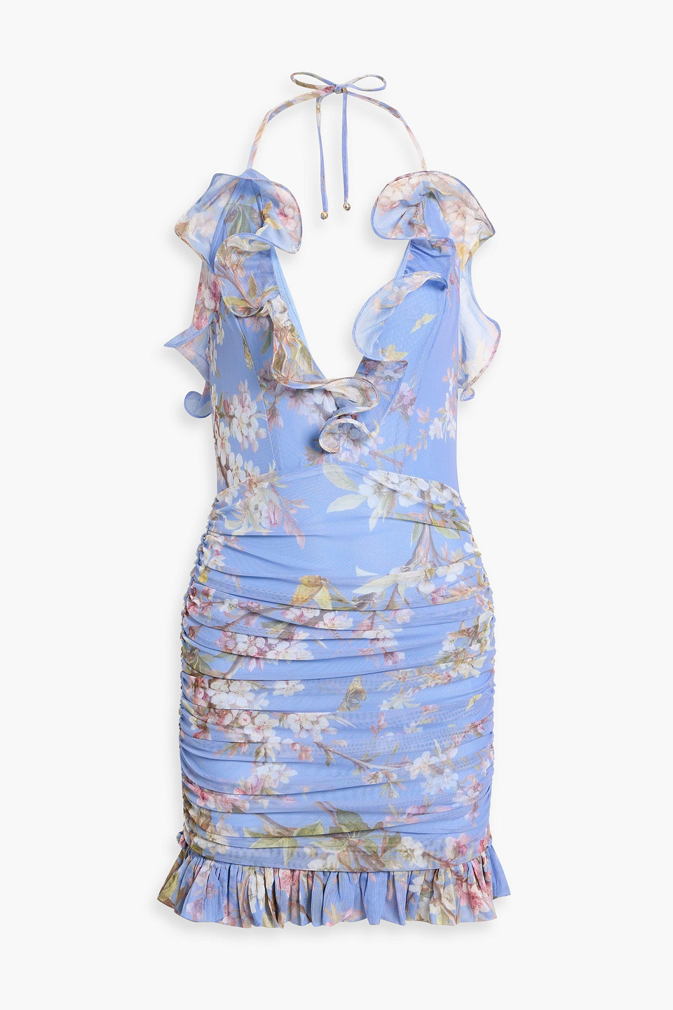 patbo - delicata ruffled floral-print mesh halterneck mini dress - purple - us 8