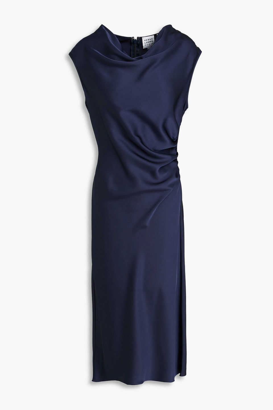 Herve Leger Millie Draped Satin Midi Dress In Blue