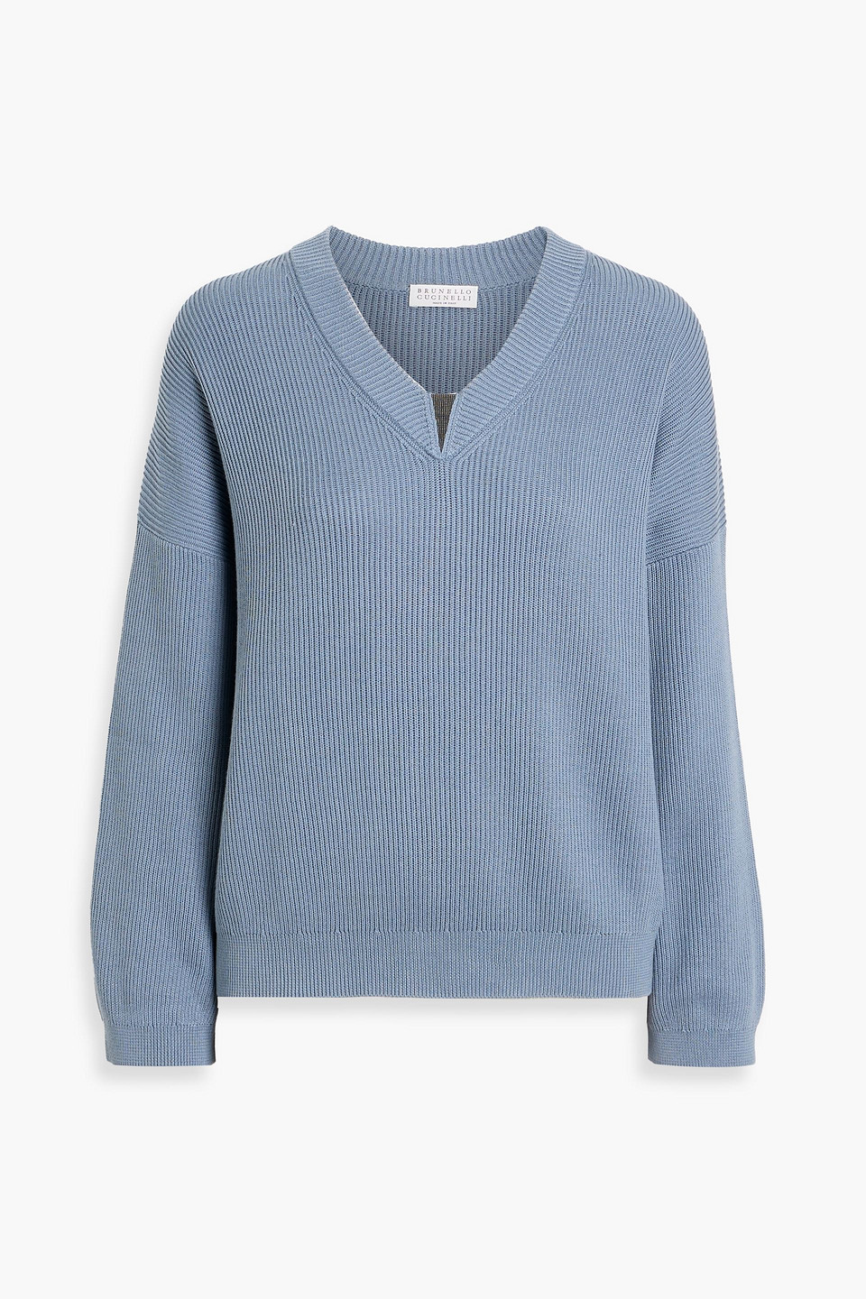 Brunello Cucinelli Bead-embellished Ribbed Cotton Sweater In Blue