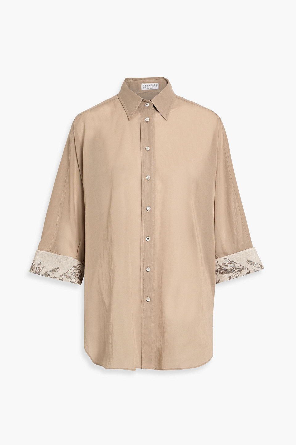 Brunello Cucinelli Metallic Embroidered Cotton-organza Shirt In Brown