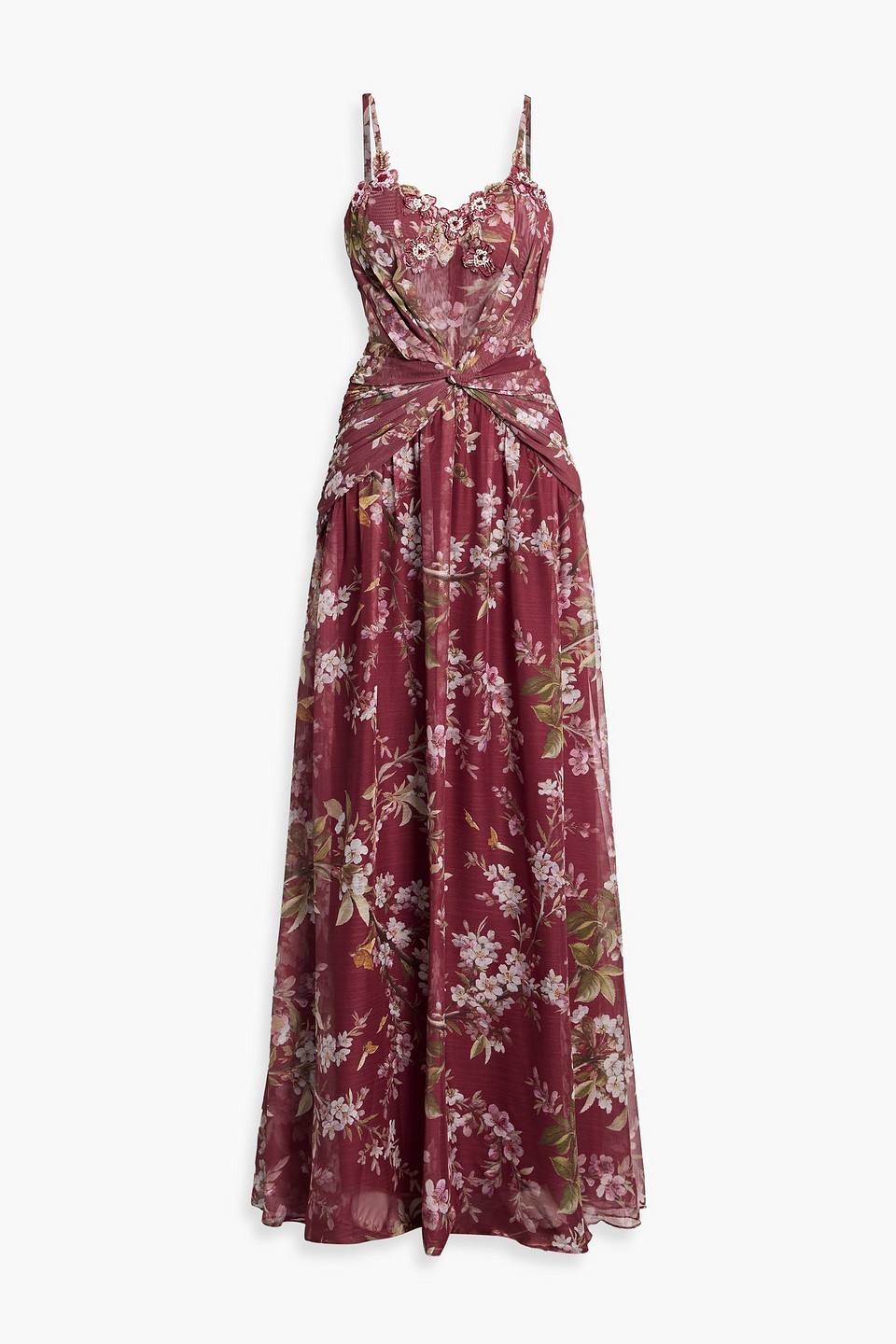 Patbo Delicata Twisted Embellished Floral-print Mesh Gown In Black