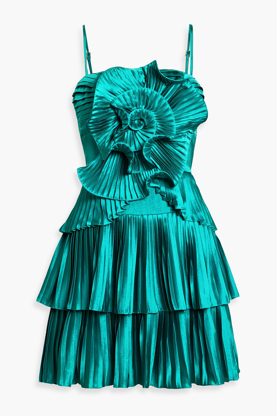 patbo - dream floral-appliquéd pleated satin mini dress - green - us 10