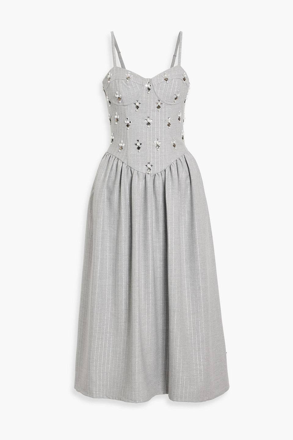 patbo - embellished metallic pinstriped twill midi dress - gray - us 8