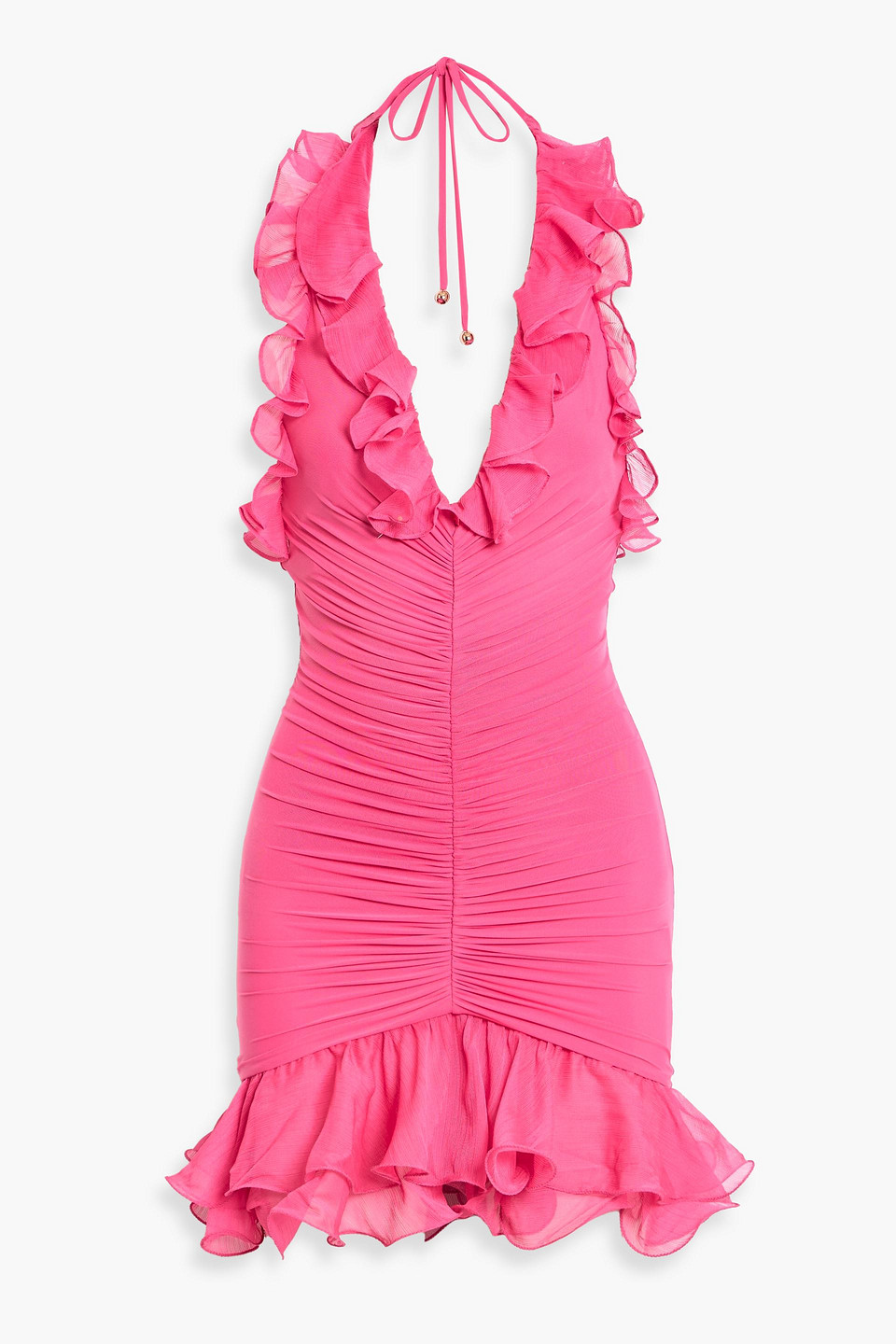 Patbo Ruffled Stretch-mesh Halterneck Mini Dress In Pink