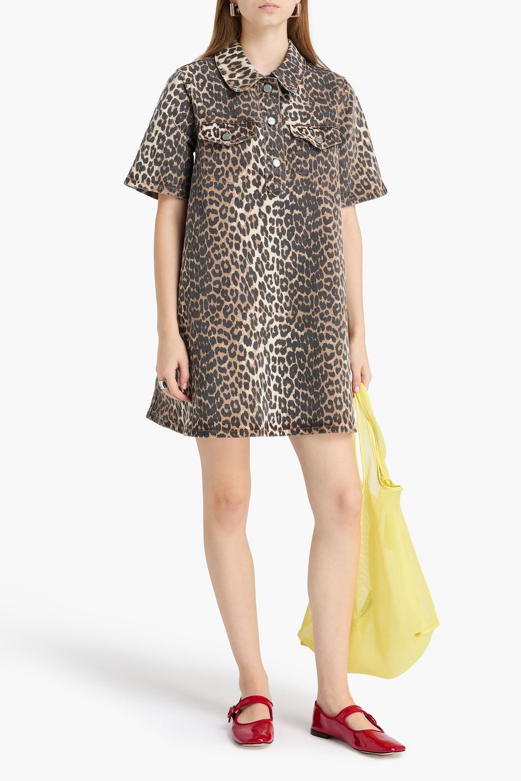 GANNI Leopard-print denim mini shirt dress | THE OUTNET