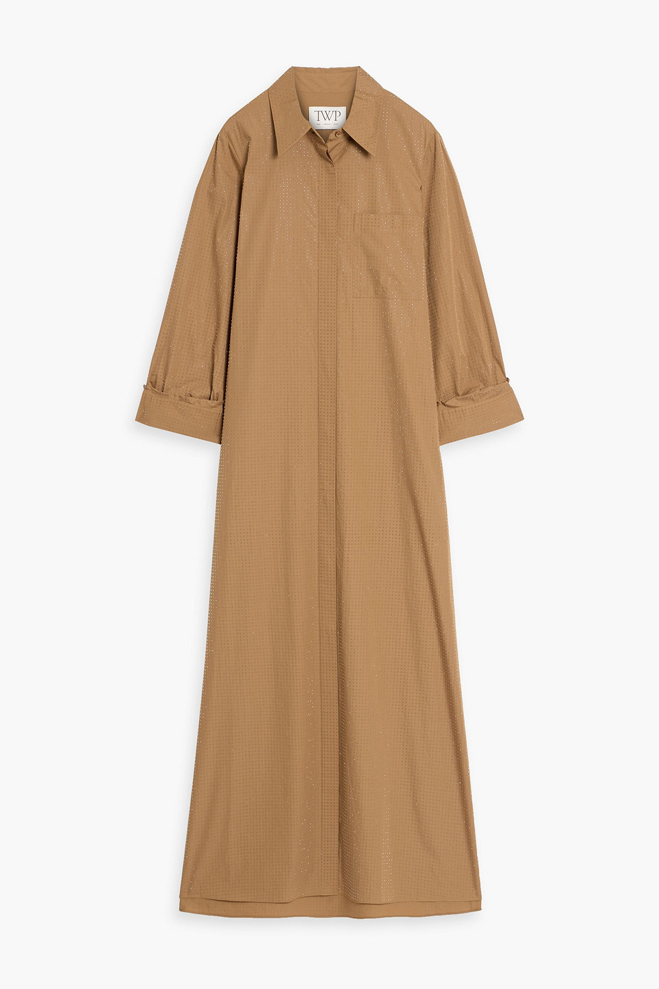Twp Jenny's Gown Crystal-embellished Cotton-poplin Maxi Shirt Dress In Brown
