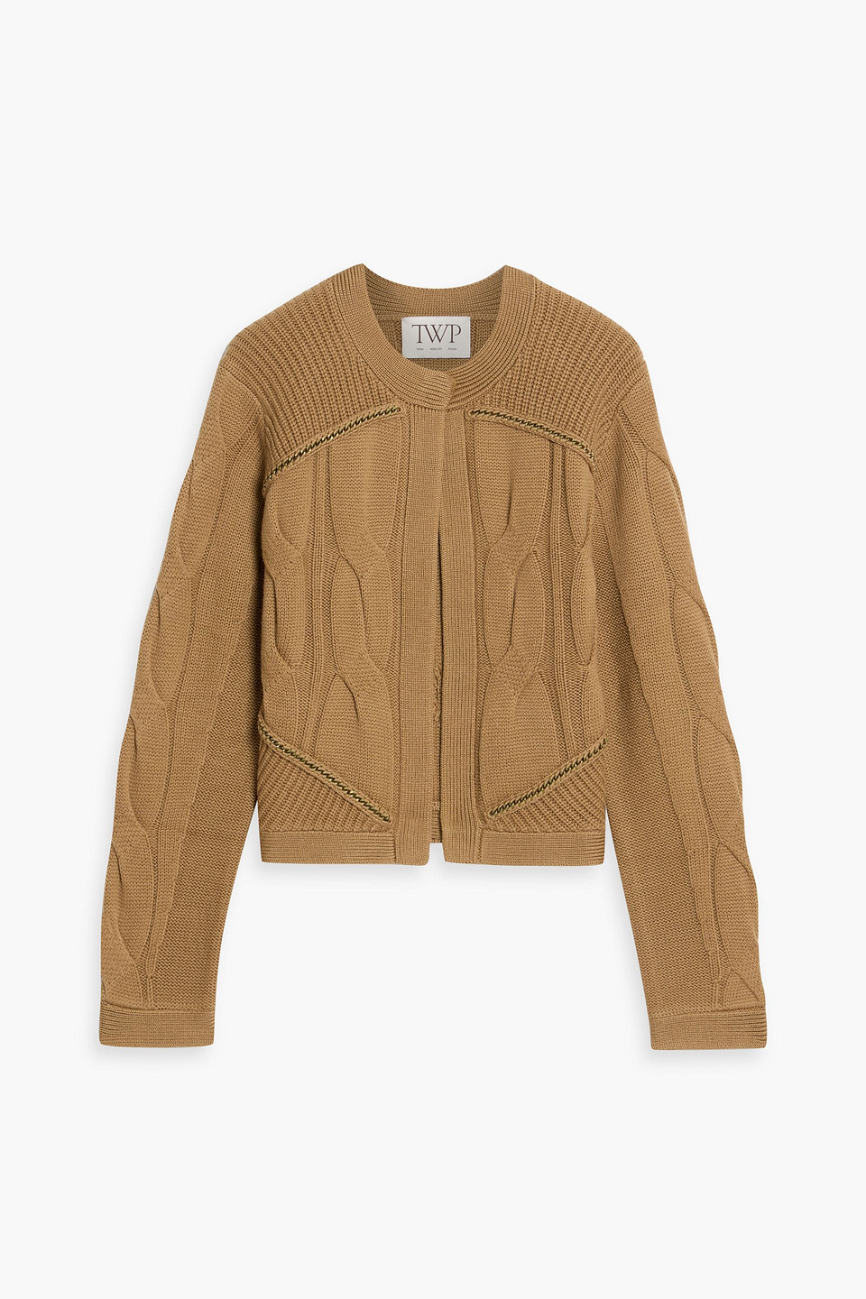 Twp Chain-embellished Cable-knit Merino Wool Cardigan In Brown