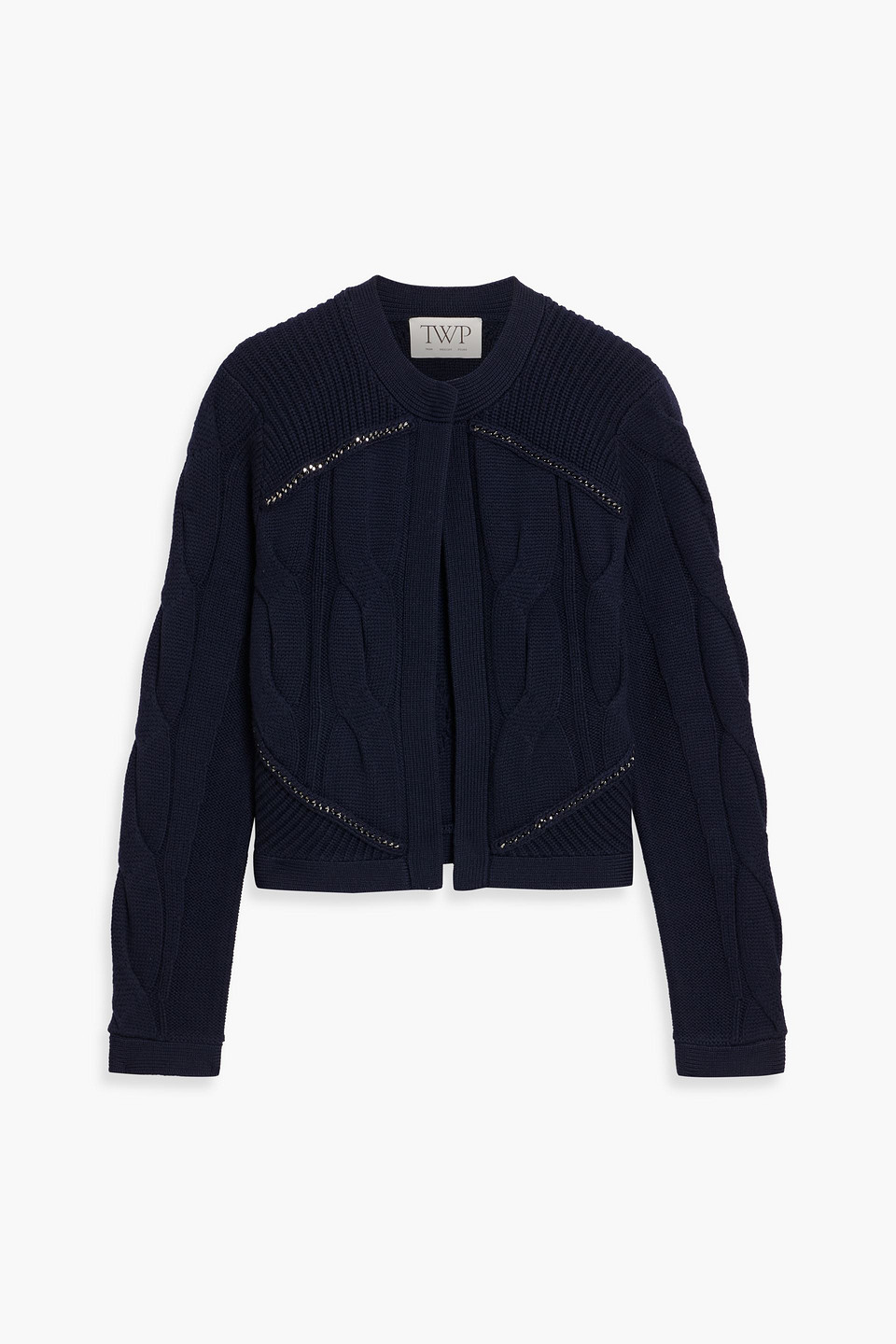 Twp Chain-embellished Cable-knit Merino Wool Cardigan In Blue