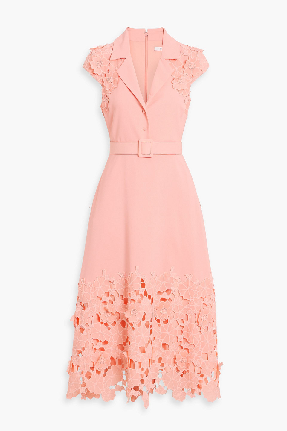 badgley mischka - belted guipure lace and crepe midi dress - orange - us 6