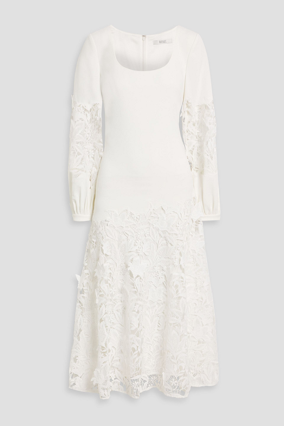 badgley mischka - guipure lace and crepe midi dress - white - us 6