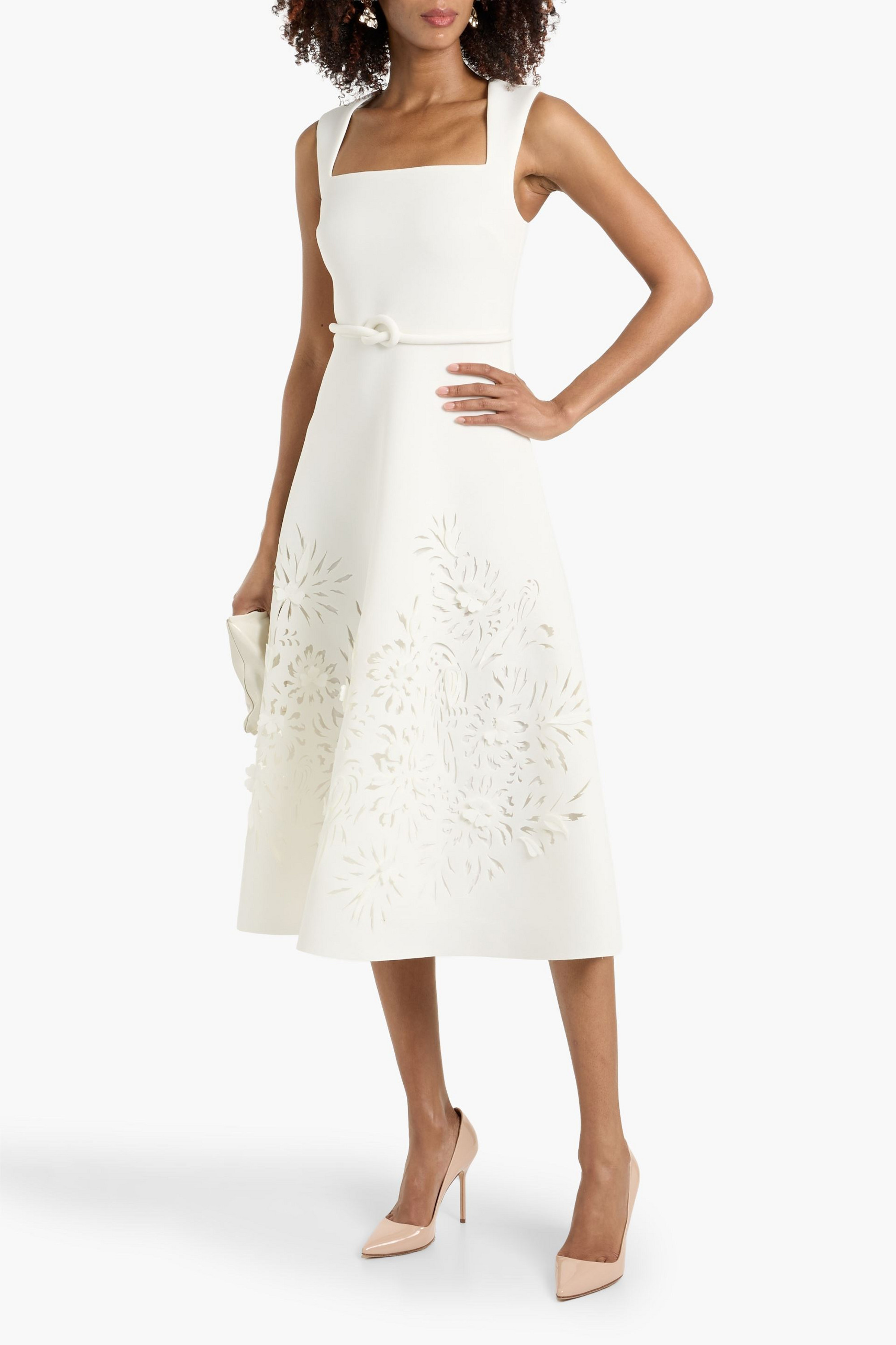 Badgley Mischka Laser-cut appliquéd scuba midi dress