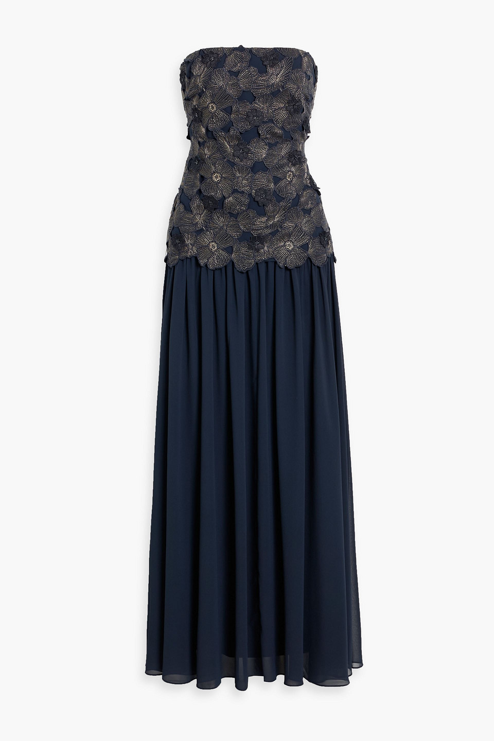 badgley mischka - strapless metallic guipure lace and chiffon gown - blue - us 2