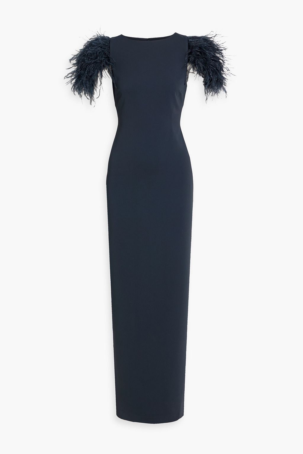 Badgley Mischka Feather Trim Short Sleeve Column Gown Dress