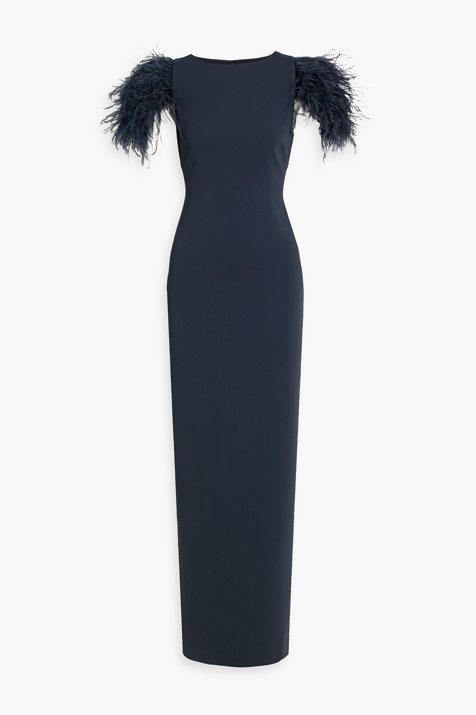 badgley mischka - feather-trimmed crepe gown - blue - us 2