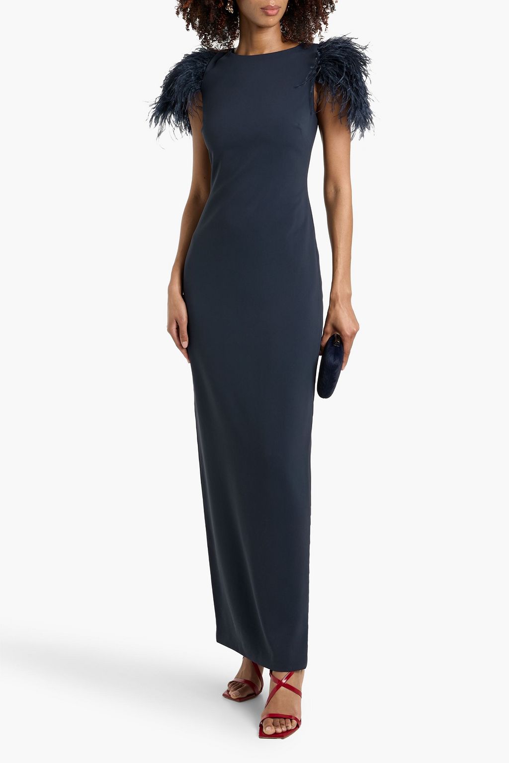 Badgley Mischka Feather Trim Short Sleeve Column Gown Dress