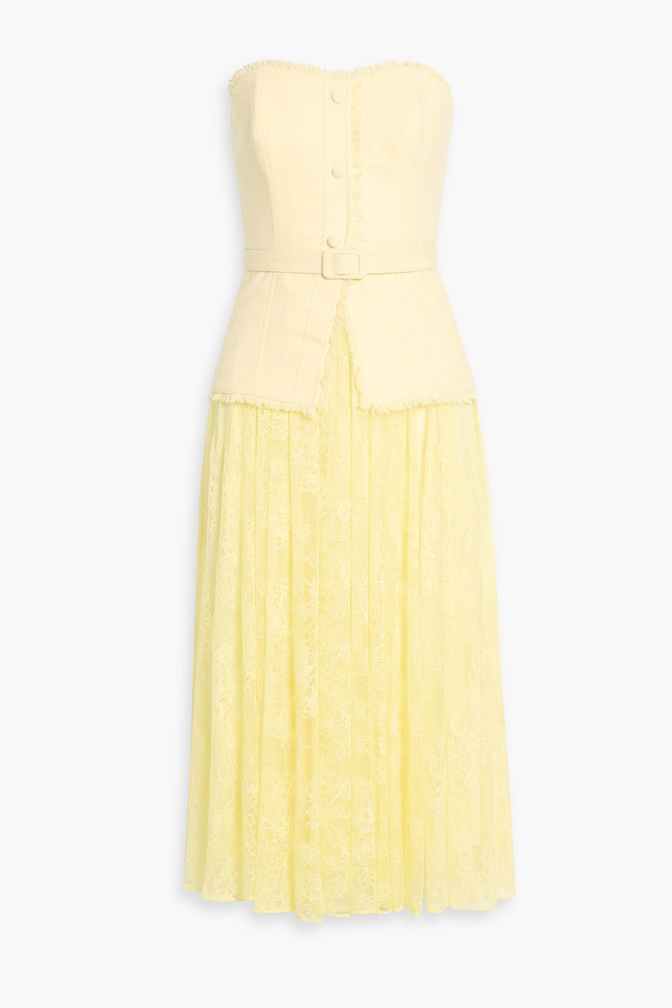 badgley mischka - strapless tweed and lace midi dress - yellow - us 2