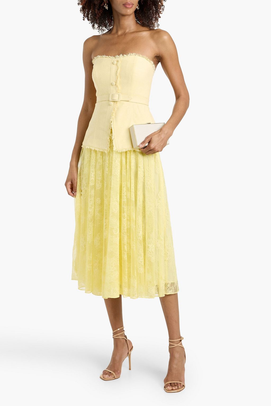 BADGLEY MISCHKA Strapless tweed and lace midi dress | THE OUTNET