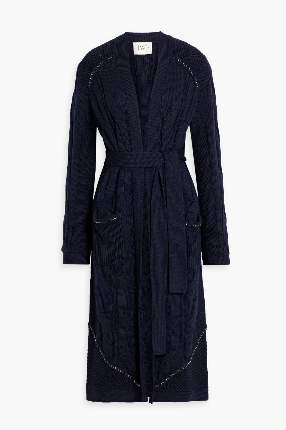 Twp Chain-embellished Cable-knit Merino Wool Cardigan In Blue