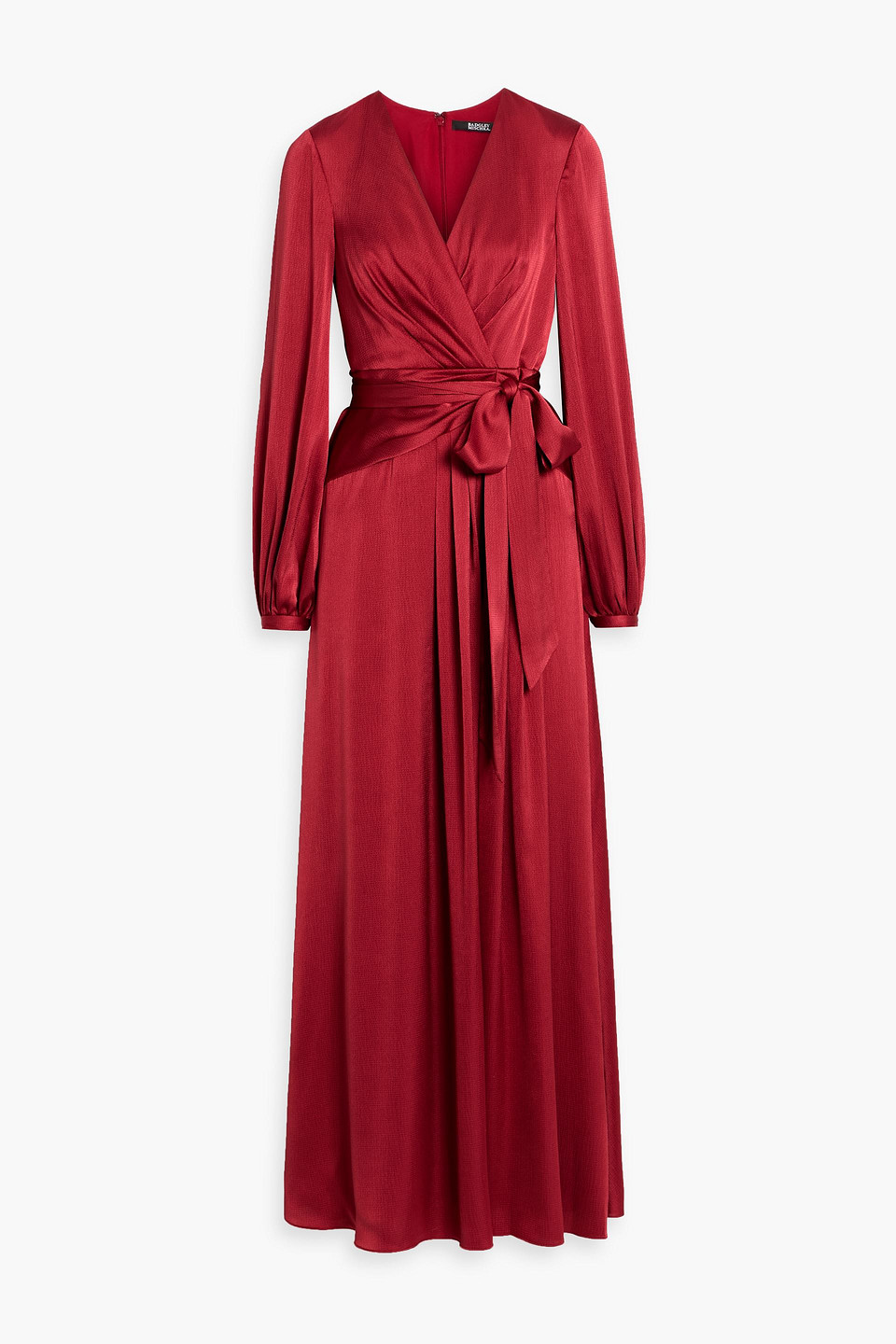 badgley mischka - wrap-effect hammered-satin maxi dress - burgundy - us 4