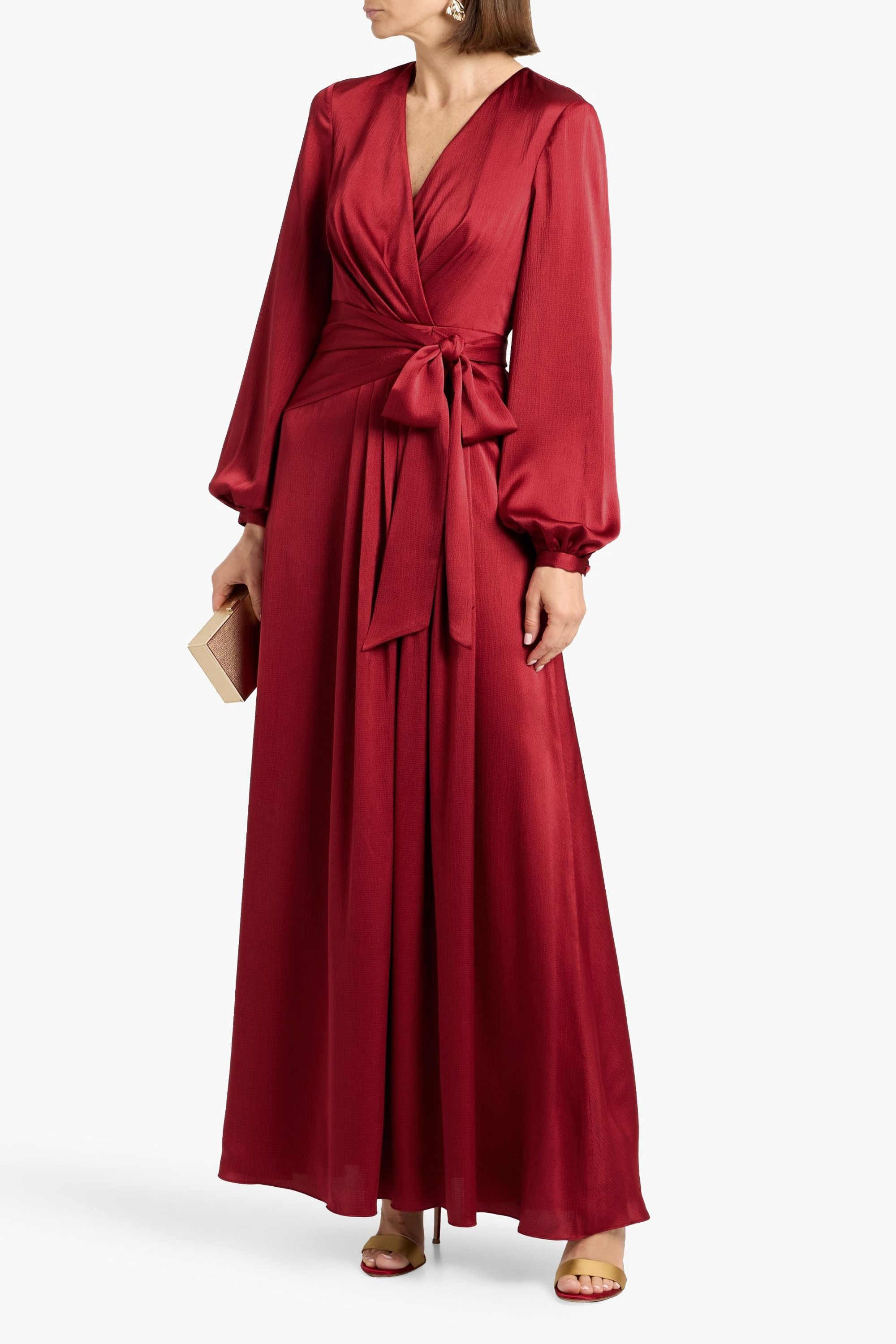 Badgley Mischka Wrap-effect hammered-satin maxi dress