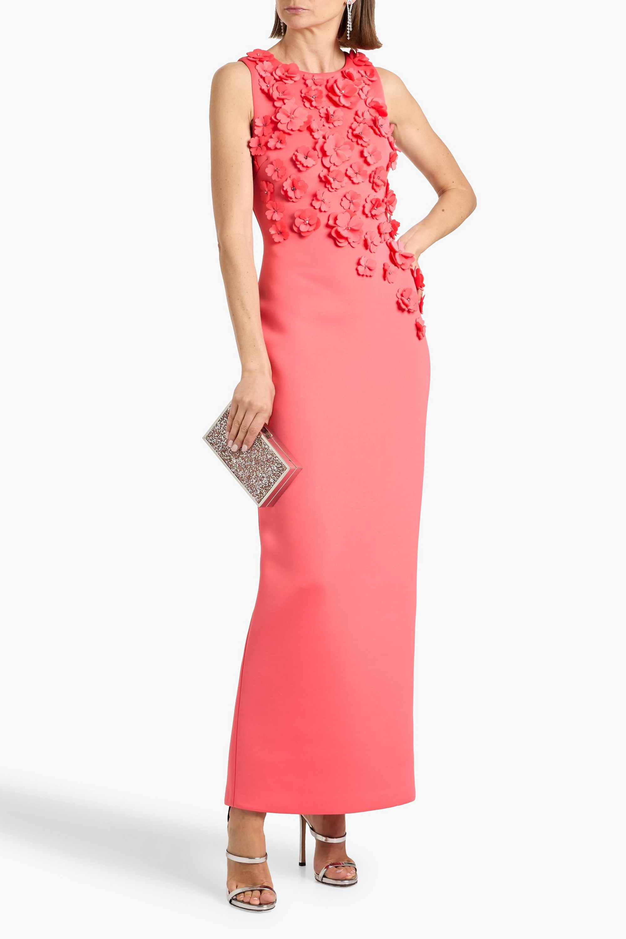 Badgley Mischka Floral-appliquéd scuba gown
