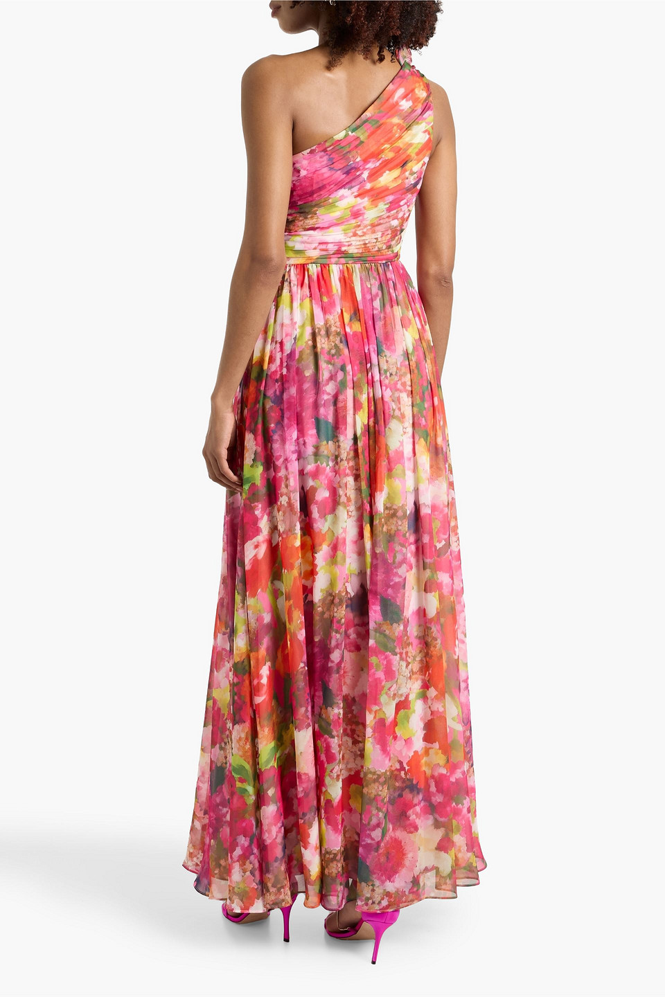  Badgley Mischka - Maxikleid Aus Chiffon Mit Floralem Print Und Asymmetrischer Schulterpartie - Pink - Us 2 