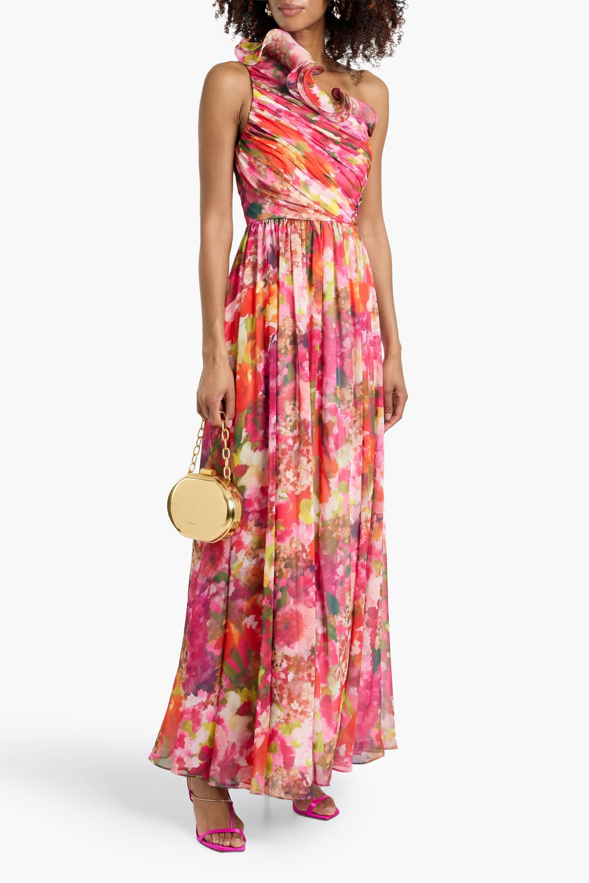 Badgley Mischka One-shoulder floral-print chiffon maxi dress
