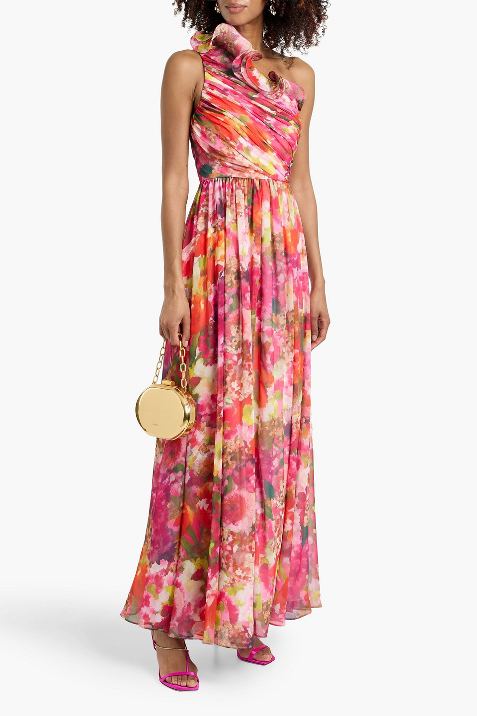  Badgley Mischka - Maxikleid Aus Chiffon Mit Floralem Print Und Asymmetrischer Schulterpartie - Pink - Us 2 