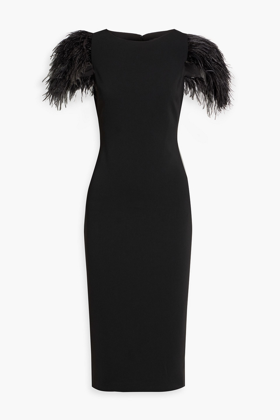 badgley mischka - feather-trimmed crepe dress - black - us 2