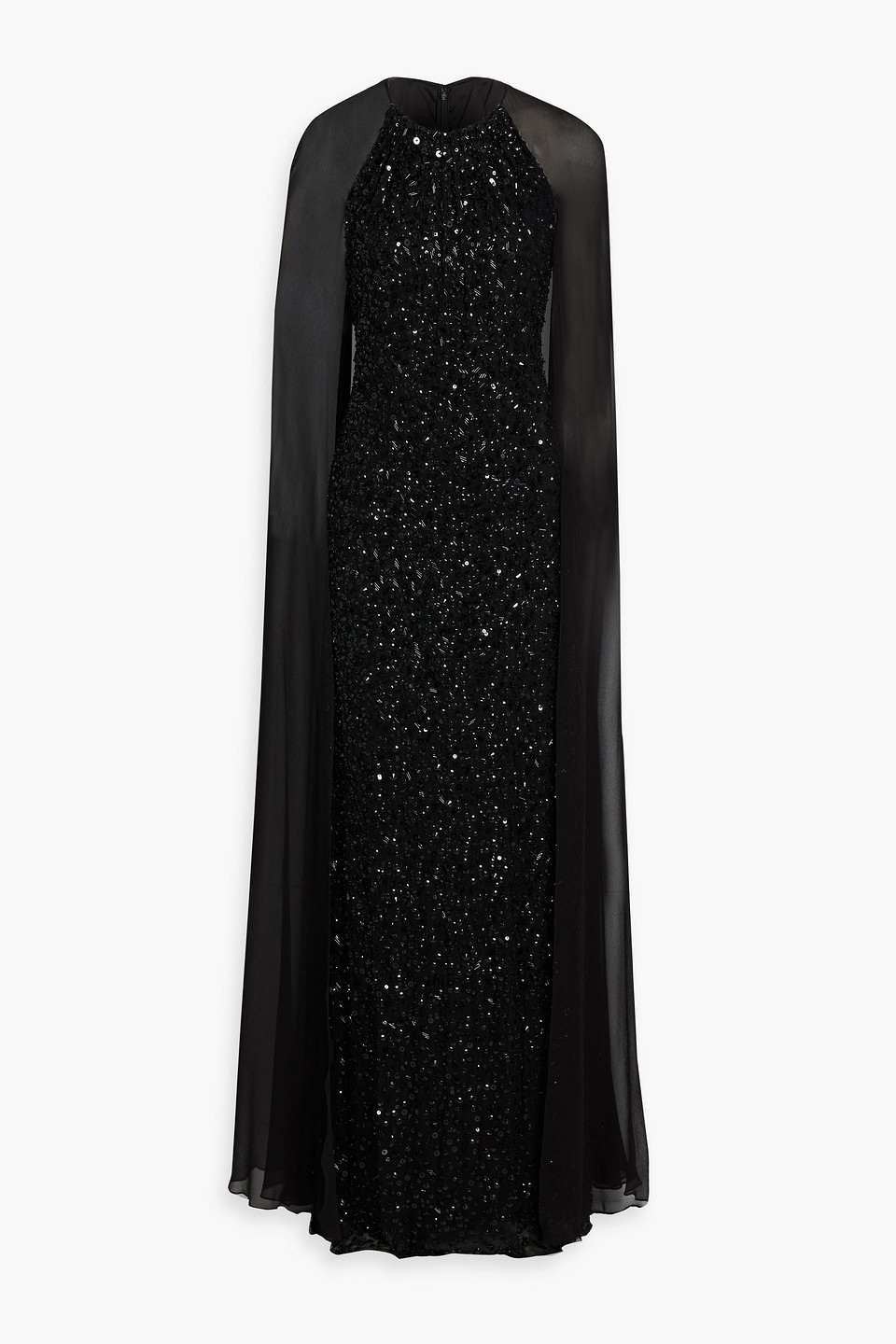 jenny packham - elite cape-effect embellished crepe and chiffon gown - black - uk 8