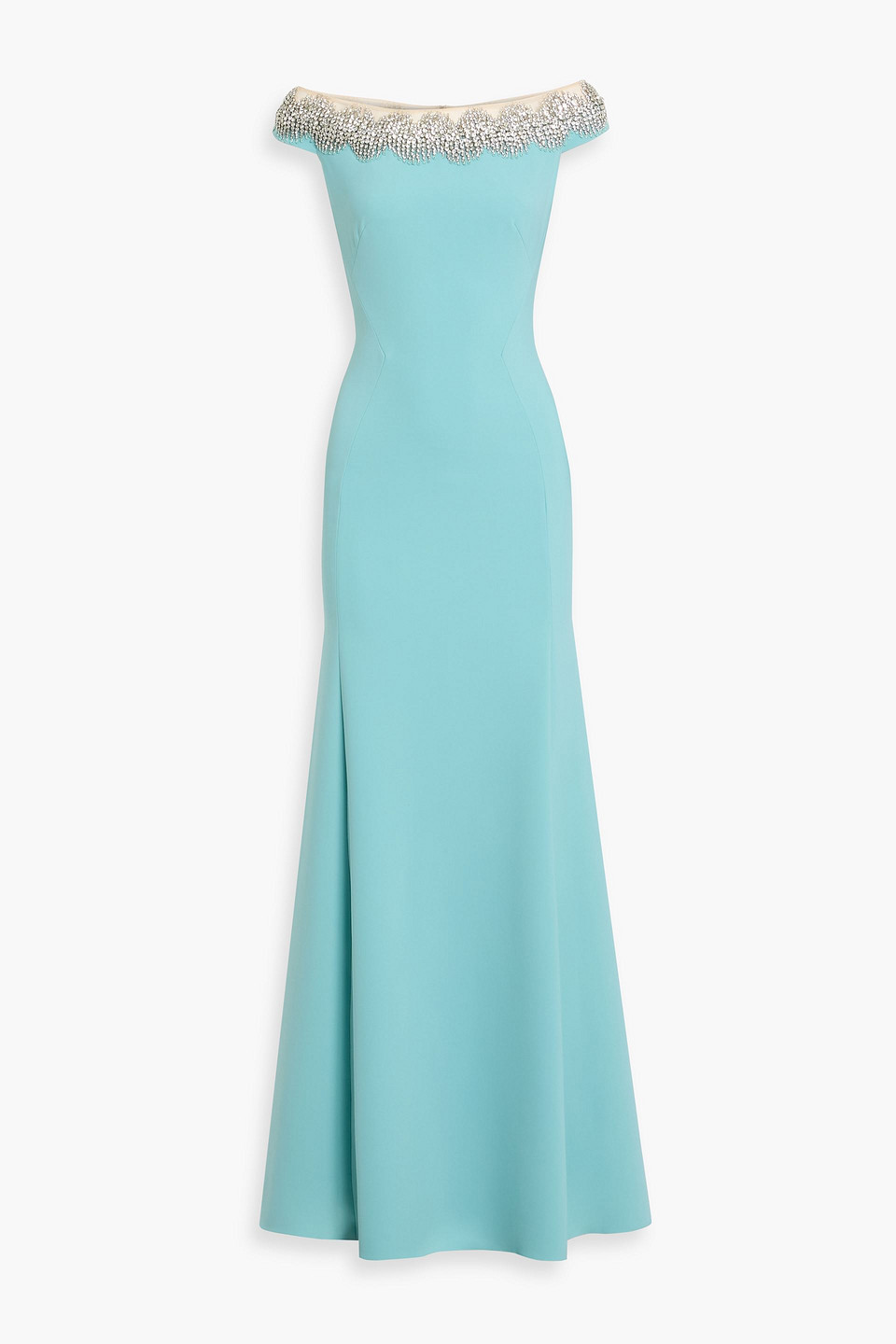 Jenny Packham Azalea Off-the-shoulder Crystal-embellished Cady Gown In Blue