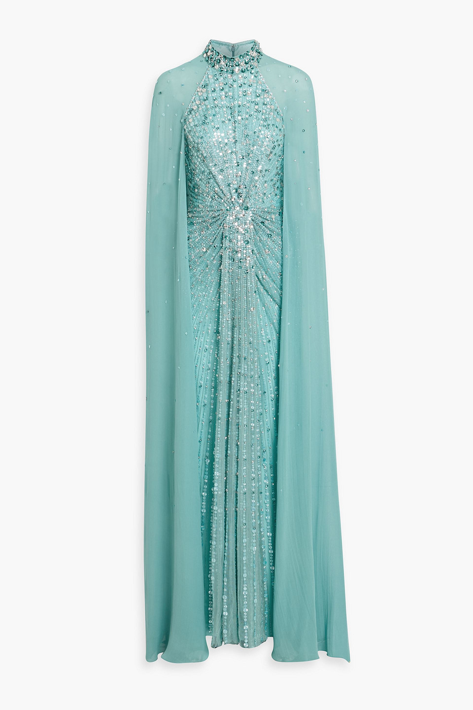 Jenny Packham Thea Cape-effect Embellished Tulle And Crepe Gown In Blue