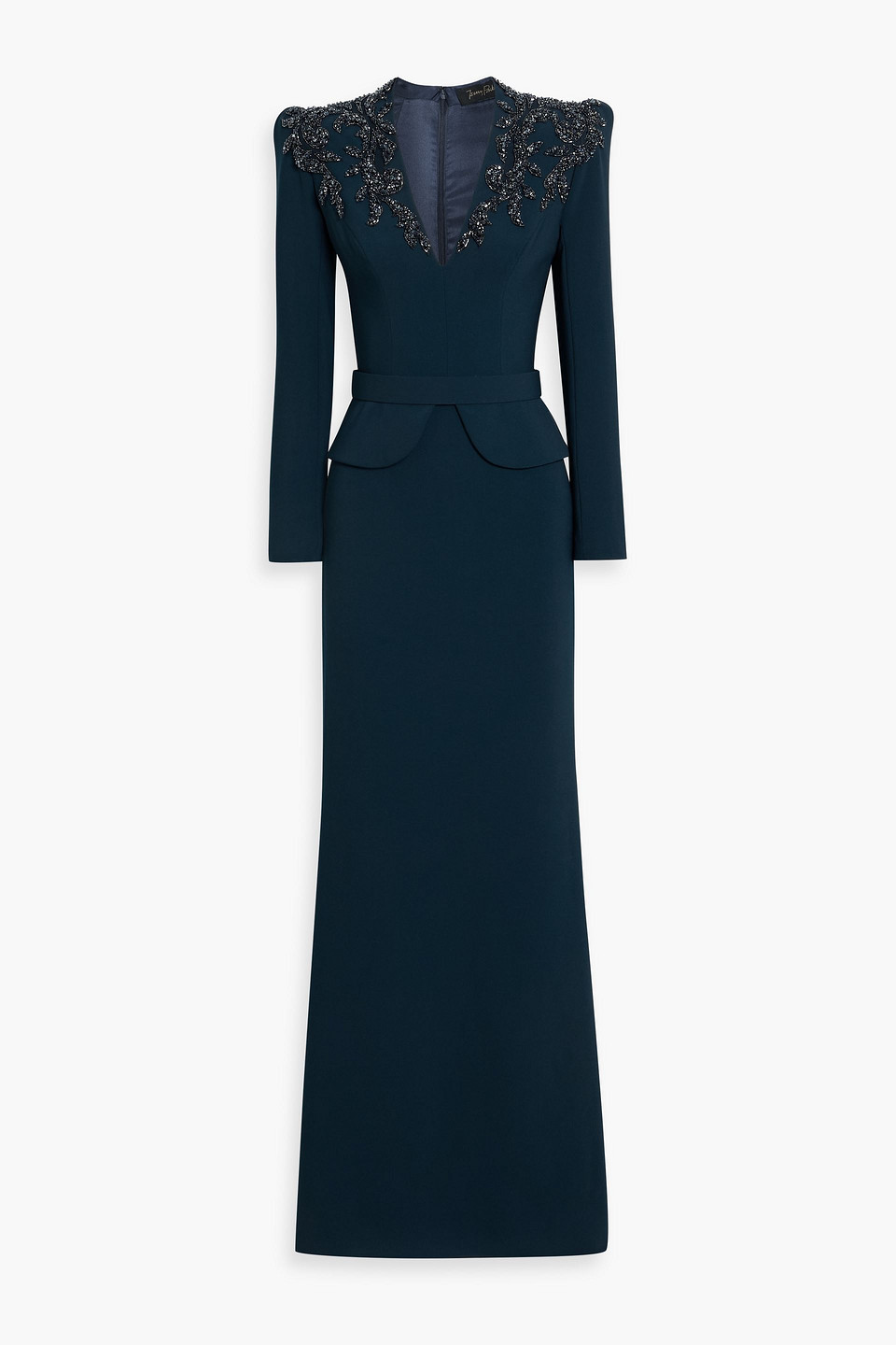 Jenny Packham Night Flowering Embellished Crepe Peplum Gown In Blue